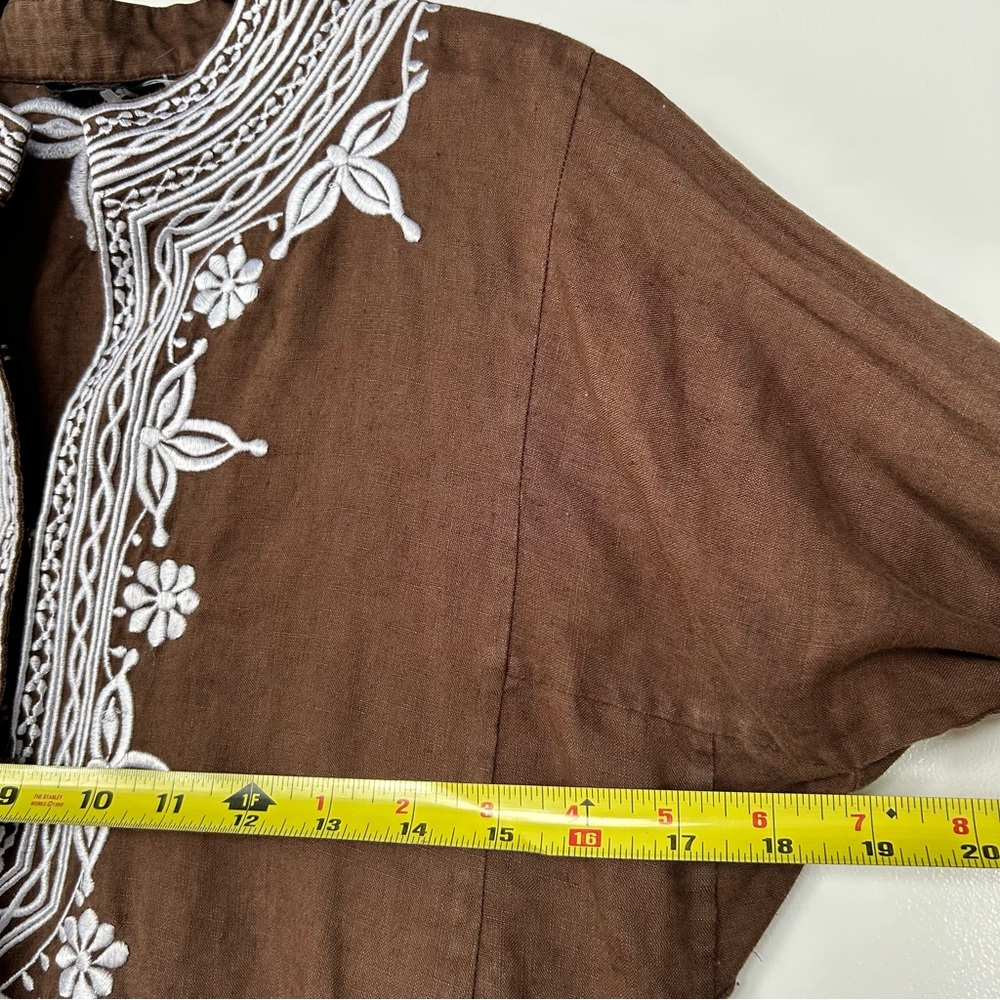 Vintage J.Crew 100% Linen Womens Brown Embroidered Boho Tunic Peasant Blouse - Picture 4 of 6